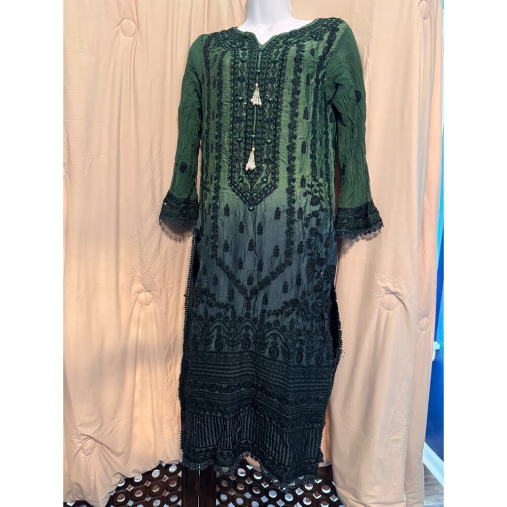 Vintage Agha Noor Pakistani Kurta Dress Dark Green Size Medium Embellished